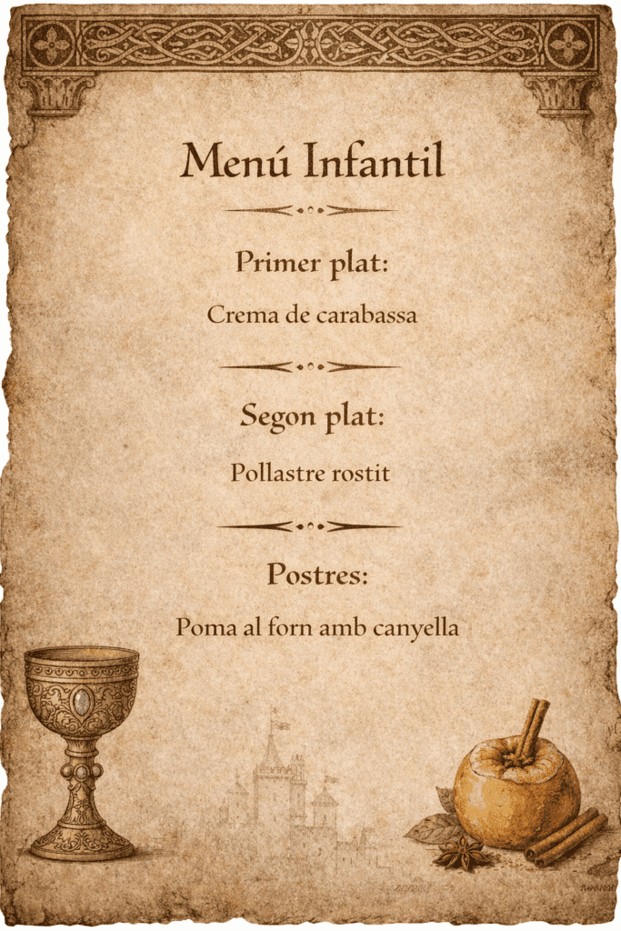 Menú infantil 2026 Primer plat Crema de carabassa Segon plat Pollastre rostit Postre Poma al forn amb canyella