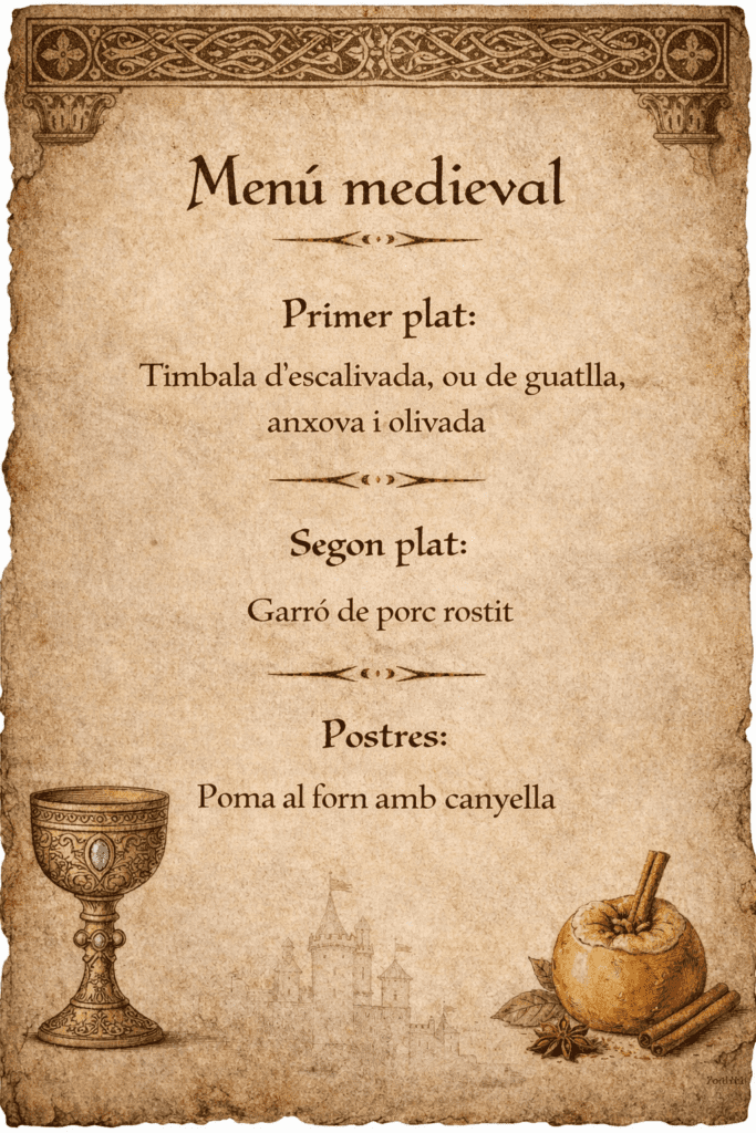 Menú medieval 2026 Primer plat Timbala d'escalivada, ou de guatlla, anxova i olivada. Segon plat garró rustit. Postre Poma al forn amb canyella