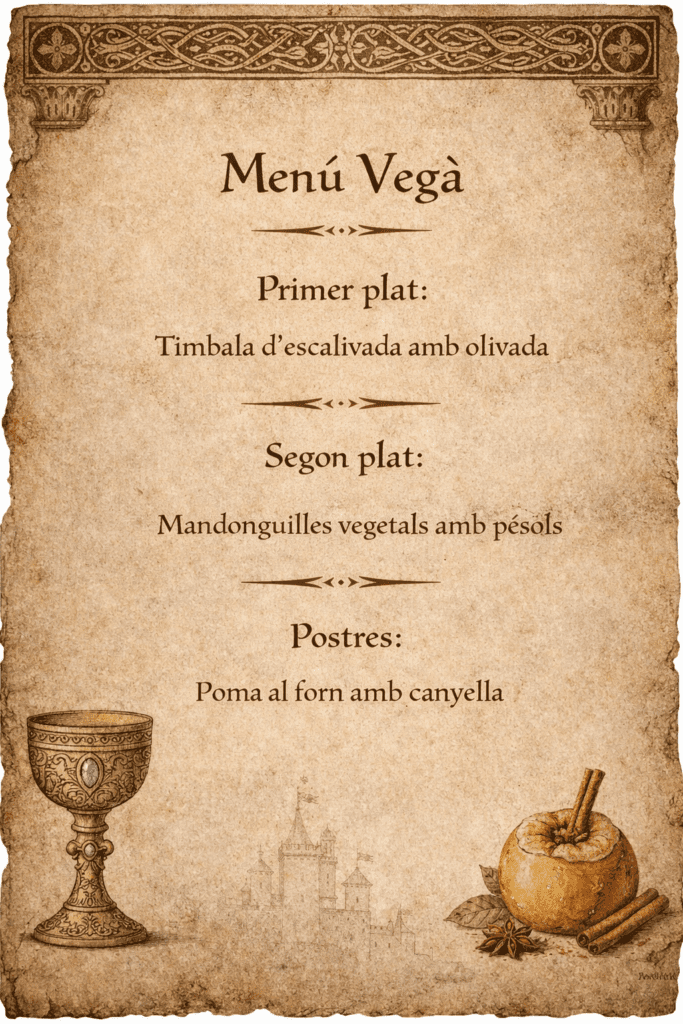 Menú vegà 2026 Primer plat Timbala d'escalivada, amb olivada Segon plat Mandonguilles vegetals amb pèsols Postre Poma al forn amb canyella